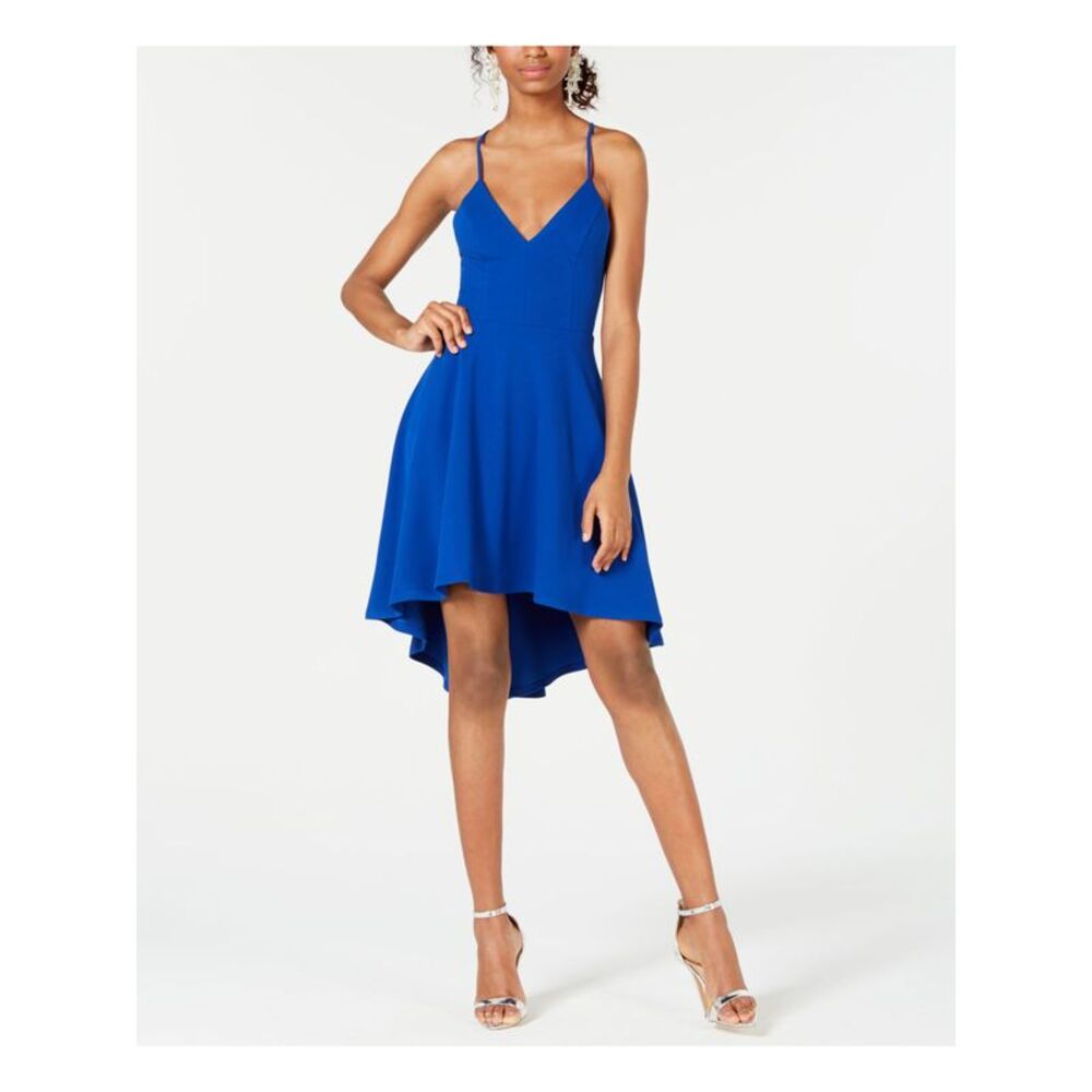 B DARLIN Womens Hi-Lo Below The Knee Dress Blue Spaghetti Strap Juniors 3\4